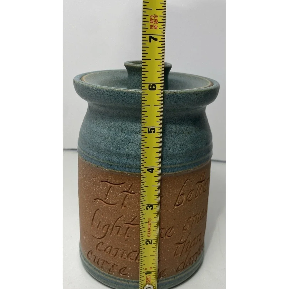 Handmade Stoneware Quote Jar Candle Storm Design Made in USA 6.5x4 Stamped
